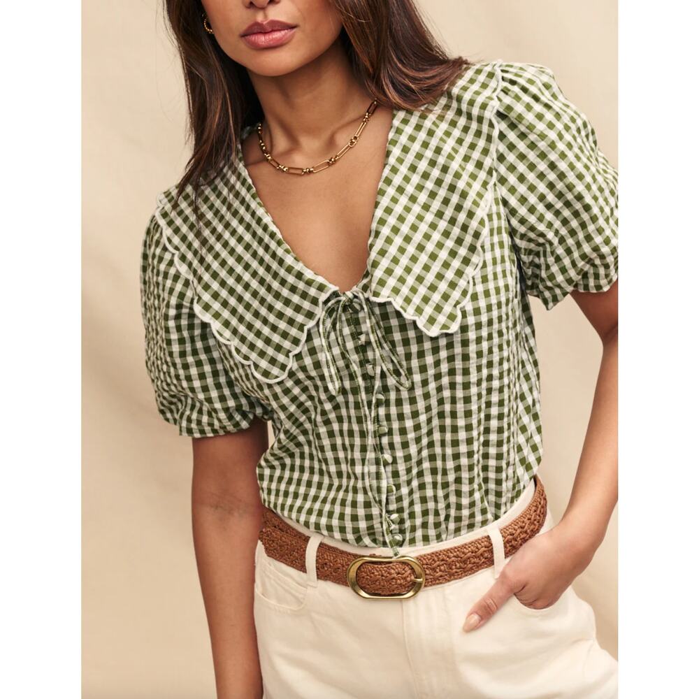 Gingham Puff-Sleeve Blouse with Scalloped Collar - Olive Green